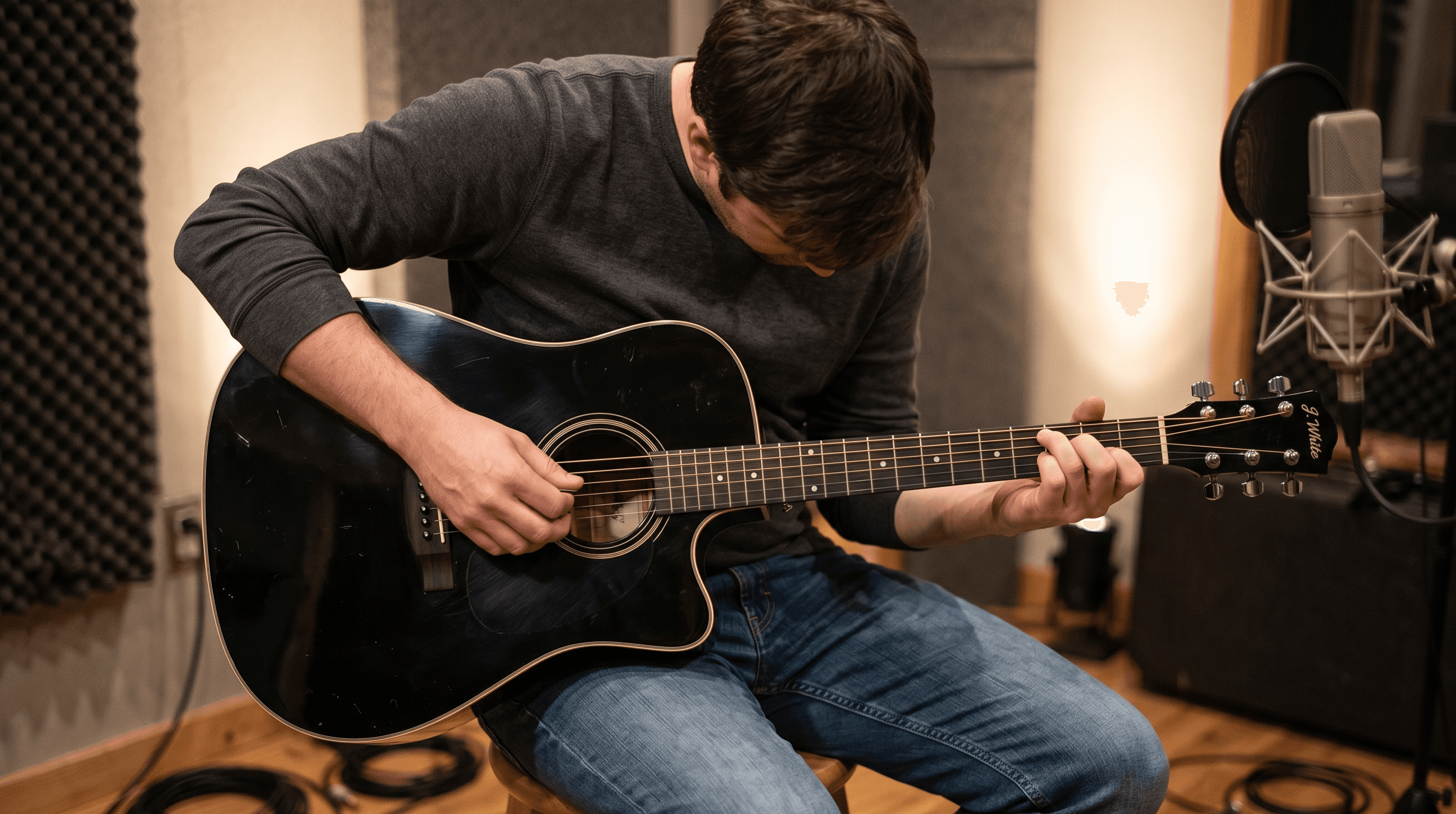 Homem tocando violão no estúdio