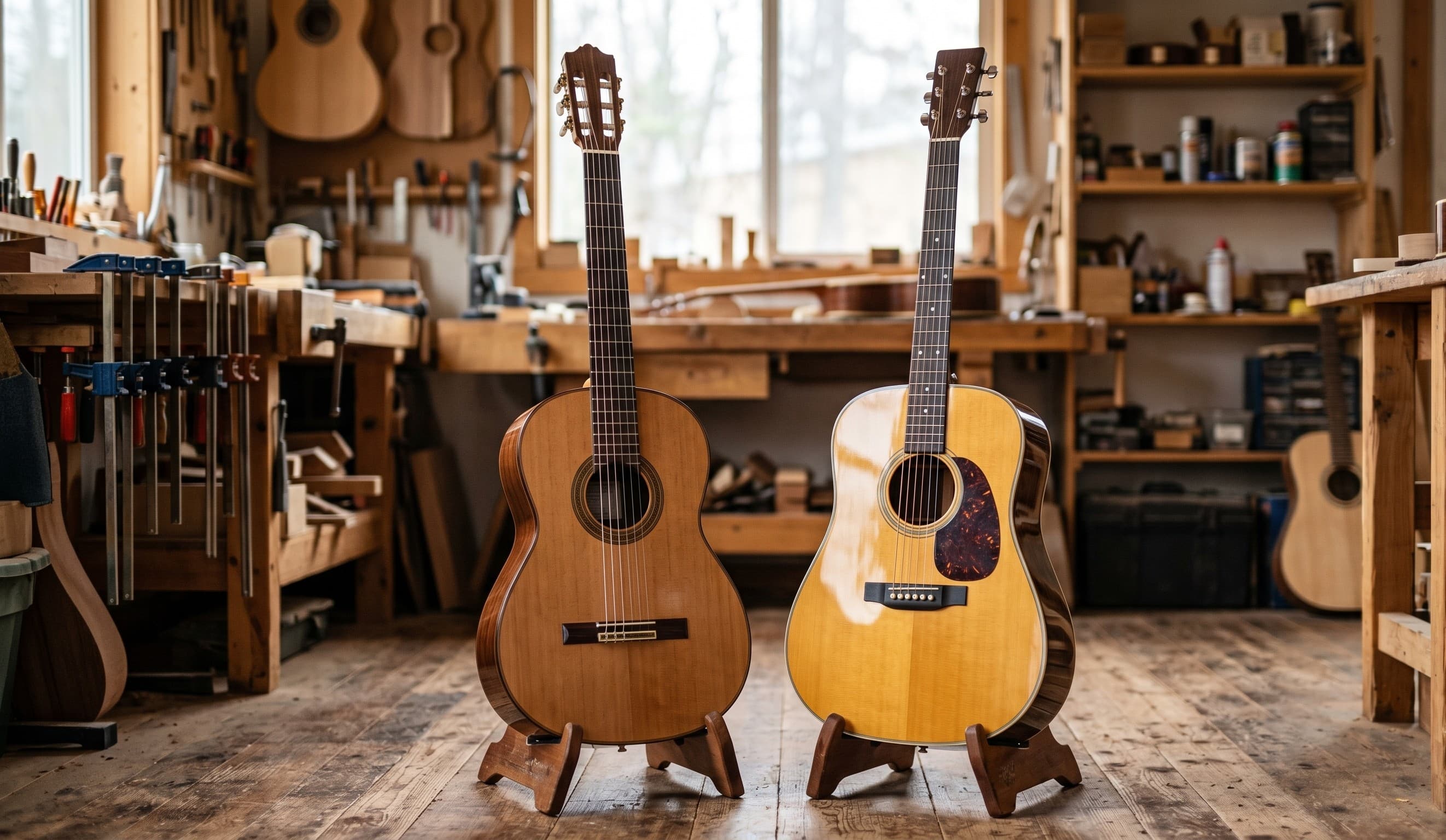 Fotografia fotorrealista de dois violões lado a lado em uma oficina de luthier: um violão clássico de nylon à esquerda e um violão folk de aço à direita.